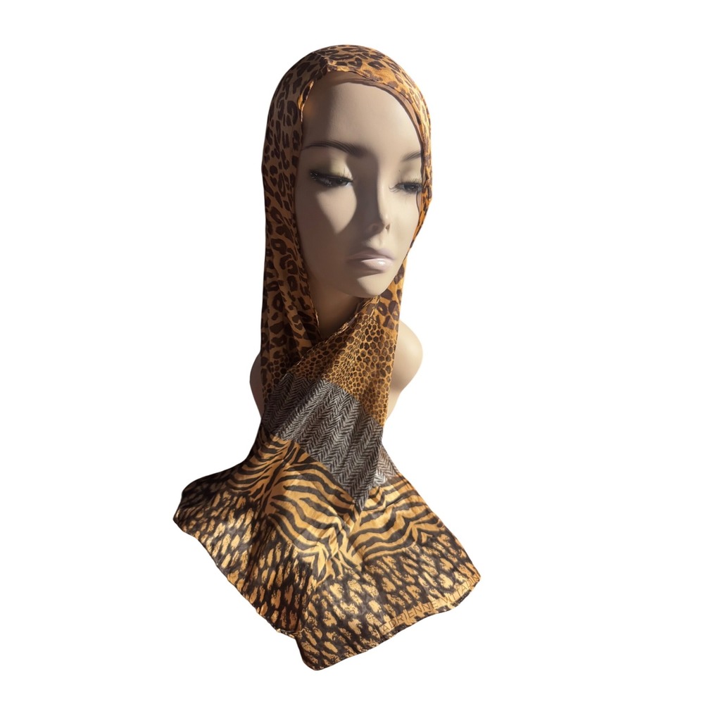 Adrienne Vittadini Silk Scarf Animal Leopard Zebra Print Herringbone Gold 50x10"